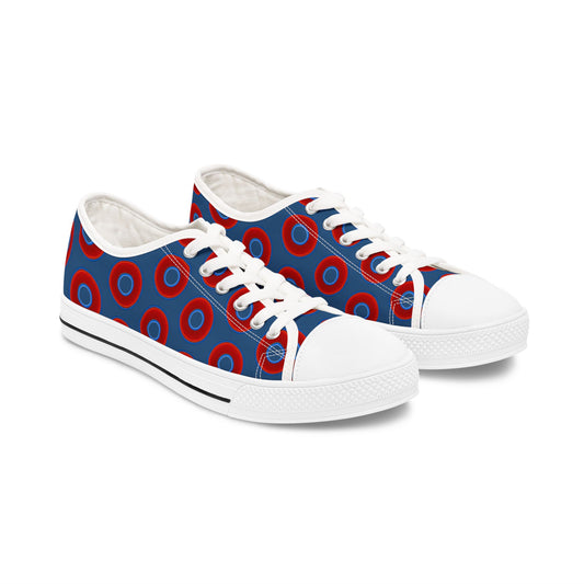 Women's - Low Top Chuck Taylors - large vivid red donut print w/dark navy background