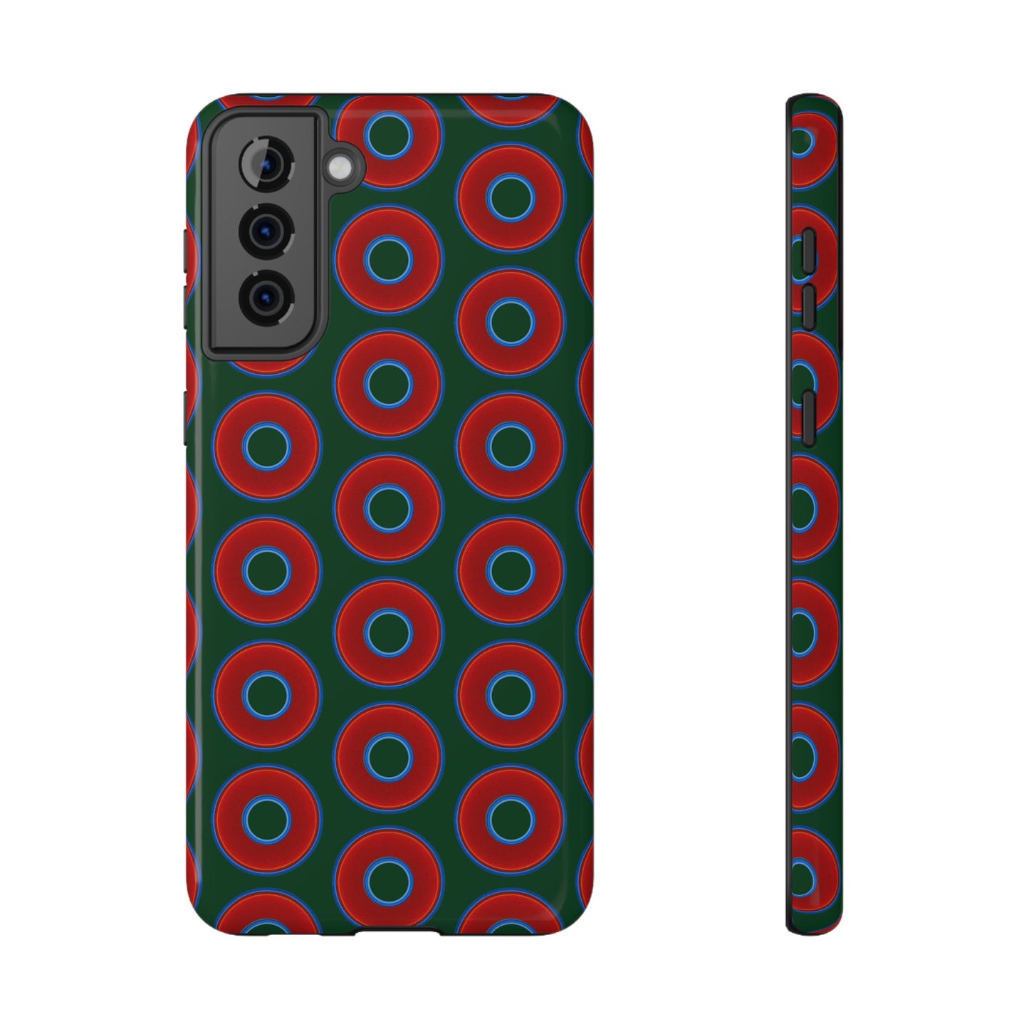 Impact-Resistant Lumpy Donut Case - red vivid donut print w/dark pond green background