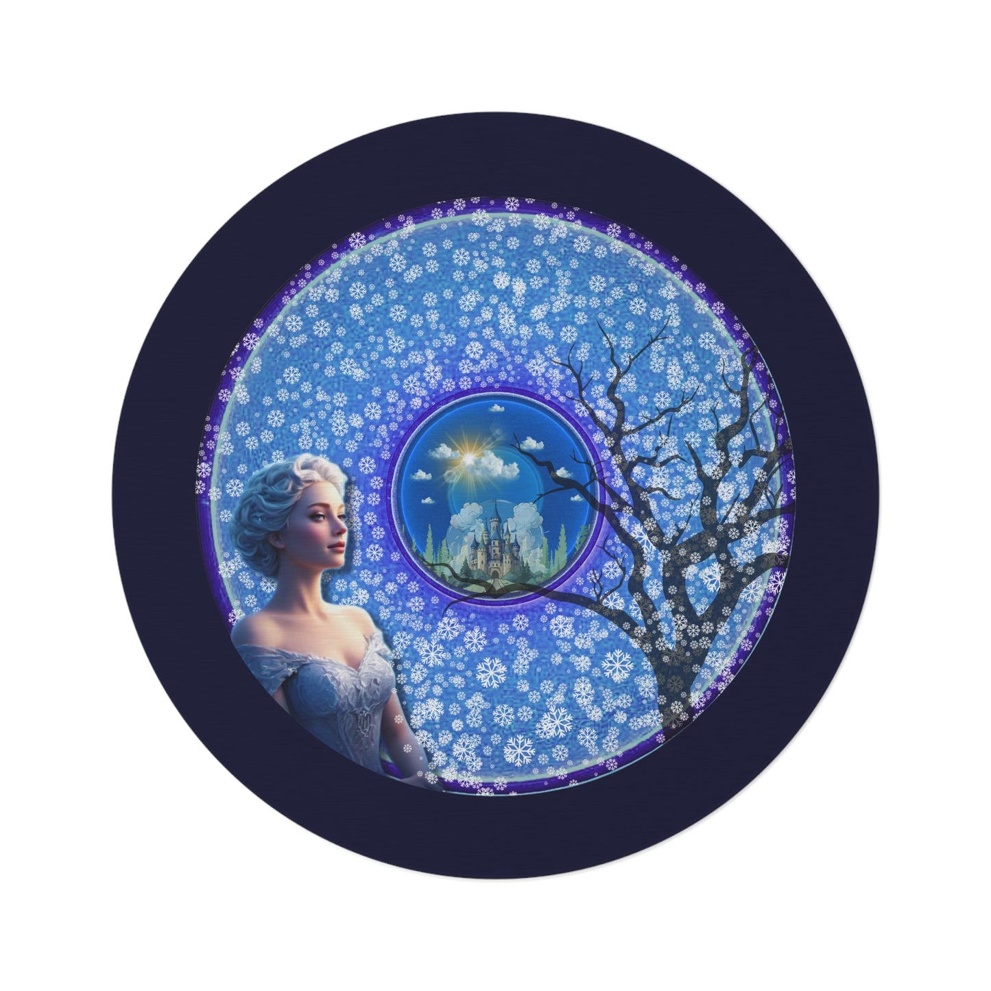 Round Room - 5 ft x 5 ft Lumpy Donut Rug - "Donut Rug Locked in Glaciers" - vivid blue/purple donut w/dark navy background