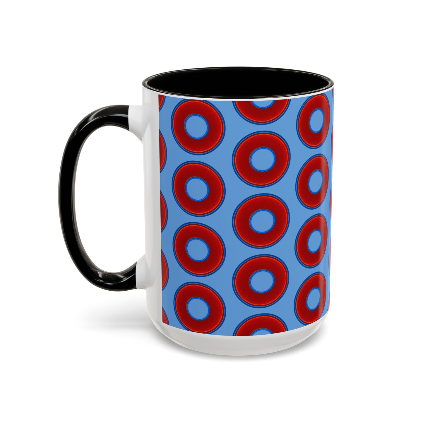 Lump's Grumpy Coffee Mug - vivid red donuts w/light blue background
