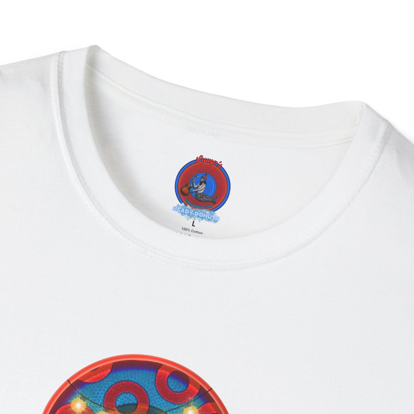 Classic Donut Tee - Unisex Soft-Style - "MORE Donuts Please" - rustic dark blue/red paradox donut - variant 1