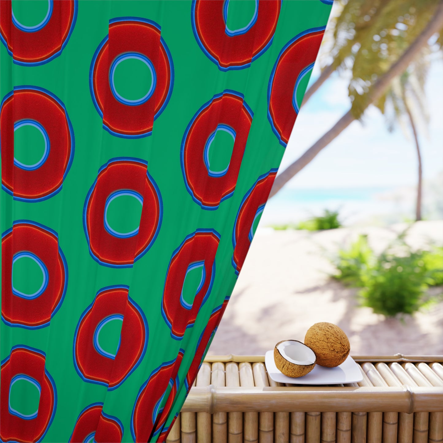Lump's Heady Curtain w/Donuts - vivid red donut print - w/jade green background - [*1 Piece / 50" x 84"]