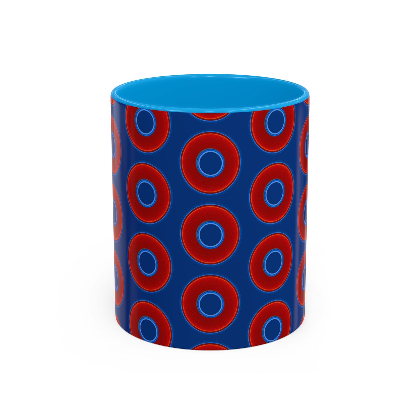 Lump's Grumpy Coffee Mug - vivid red donuts w/dark blue background