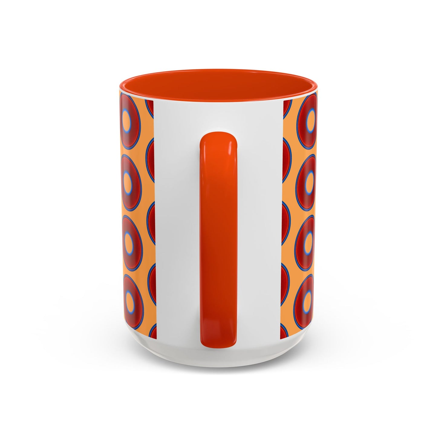 Lump's Grumpy Coffee Mug - vivid red donuts w/creamsicle orange background