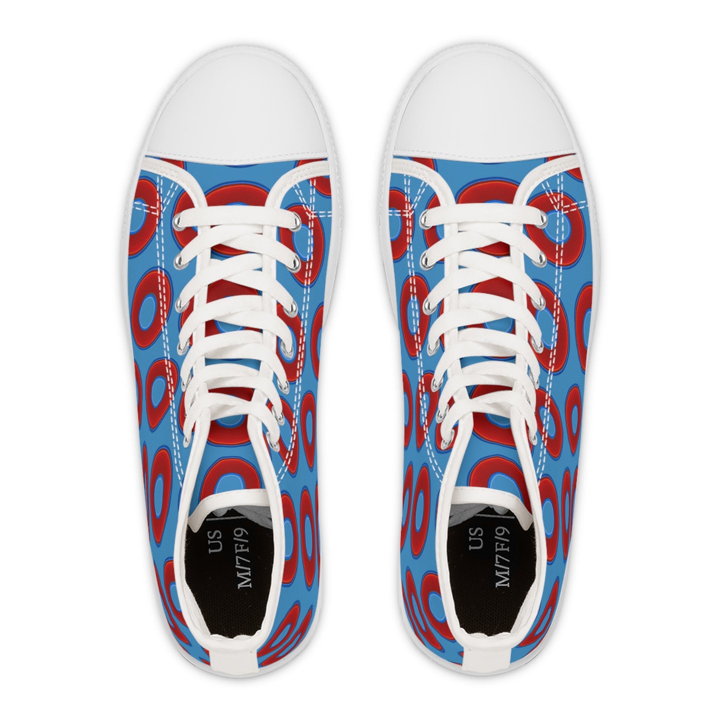 Women's High Top Chuck Taylors - large vivid red donut print w/light steel blue background