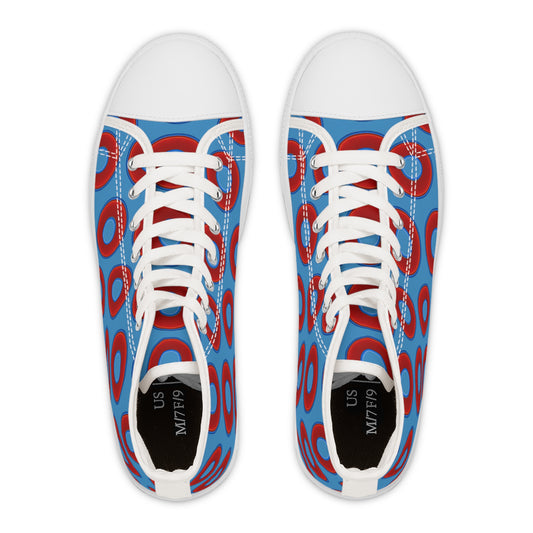 Women's High Top Chuck Taylors - large vivid red donut print w/light steel blue background