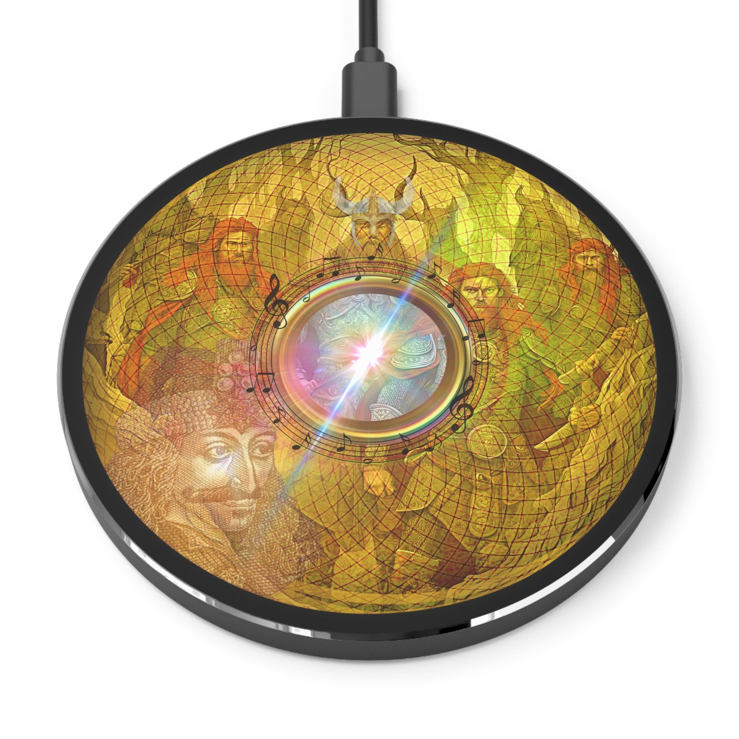 The Flow - Wireless Lumpy Donut Chargers - "Wireless Impaling Donut Charger" - golden symmetrical donut w/black background