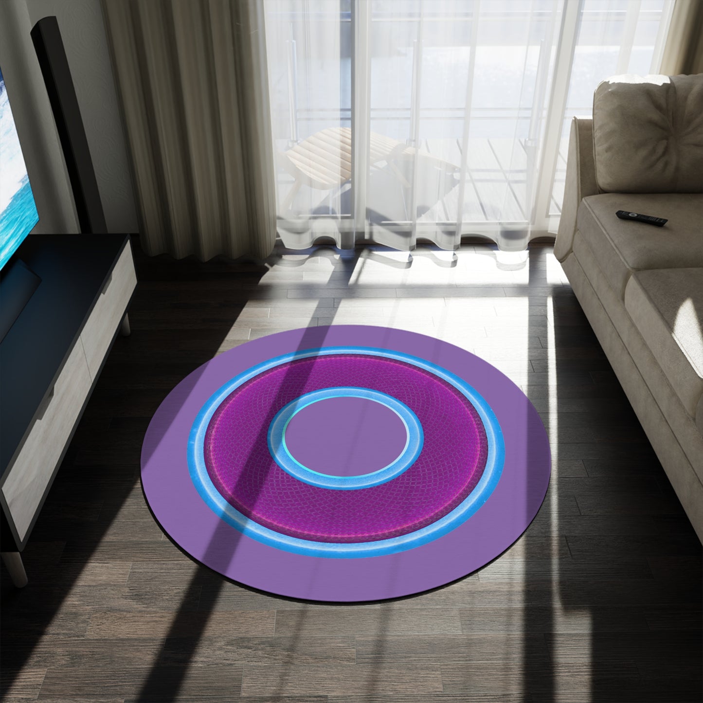 Round Room - 5 ft x 5 ft Lumpy Donut Rug - "Plain Donut" - rustic magenta/light blue donut w/light purple background