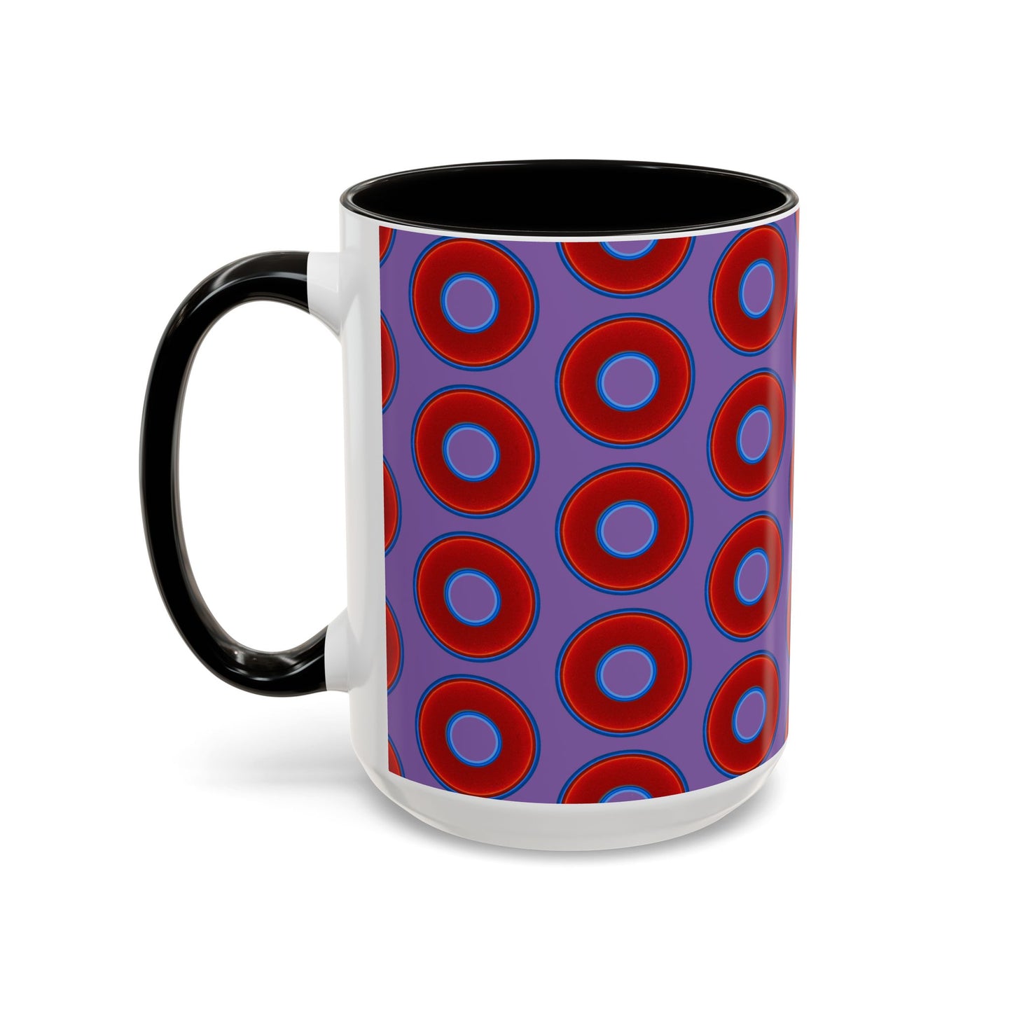 Lump's Grumpy Coffee Mug - vivid red donuts w/light purple background