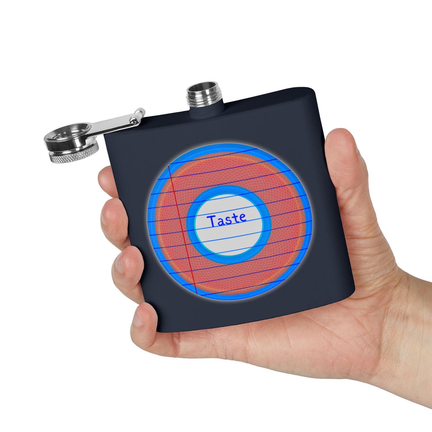 Lump's Donut Flask 6 oz -  "Tasty Flask Donut" - red/blue rustic donut - [*w/your choice of 6 backgrounds]