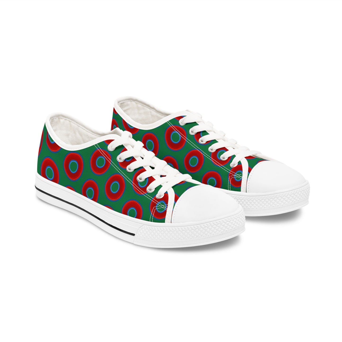 Women's - Low Top Chuck Taylors - large vivid red donut print w/green background