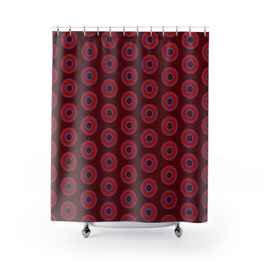 The Curtain With "Donuts" - Lumpy Bath Time Fun - vivid red donuts w/dark red background