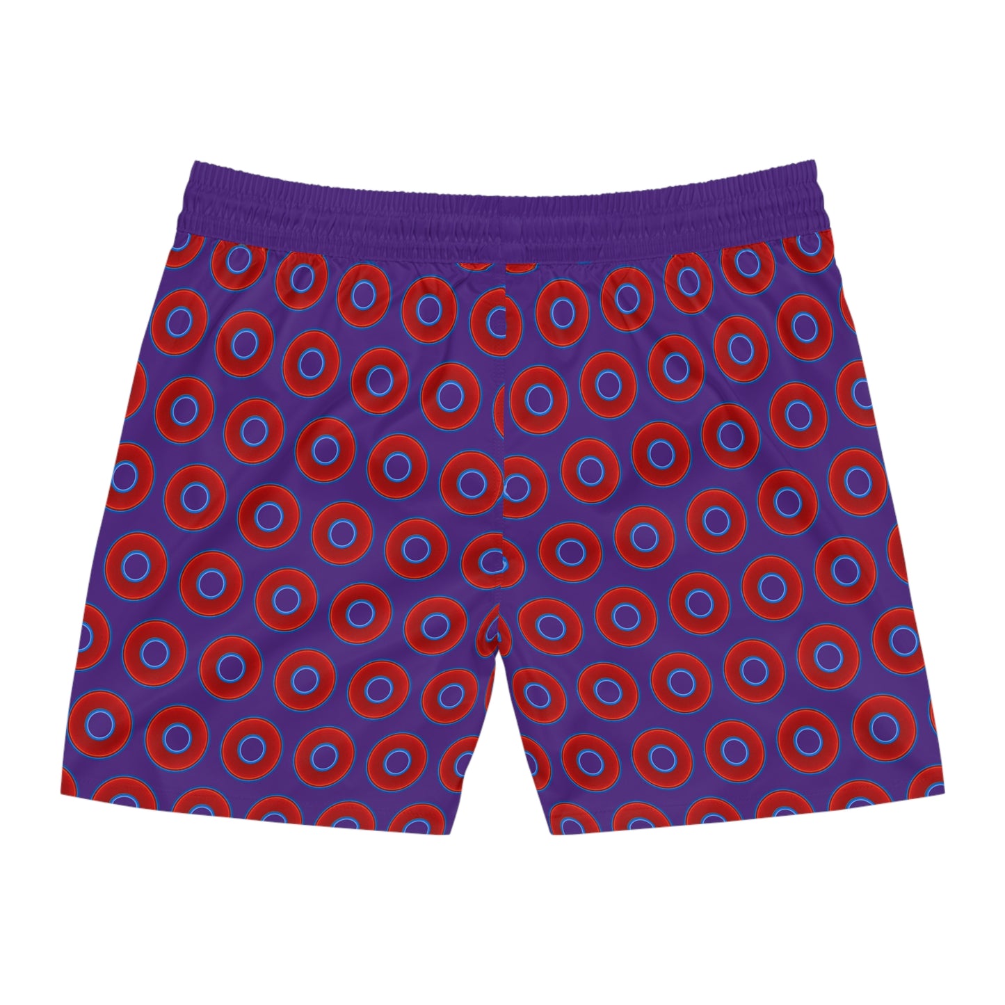 Men's Lumpy Swim Trunks - vivid red donut print w/purple background