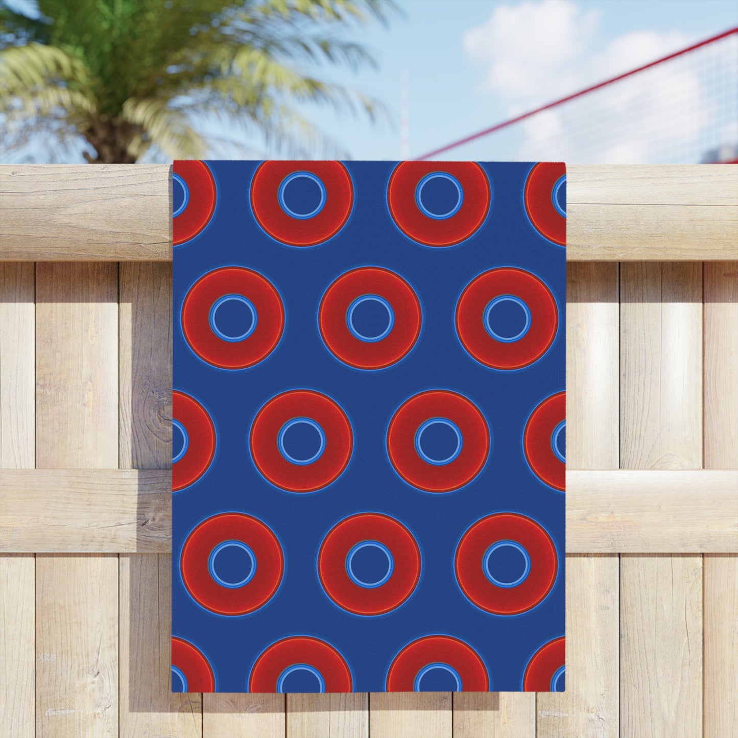 Lumpy Donut Towels - vivid red donuts w/dark blue background