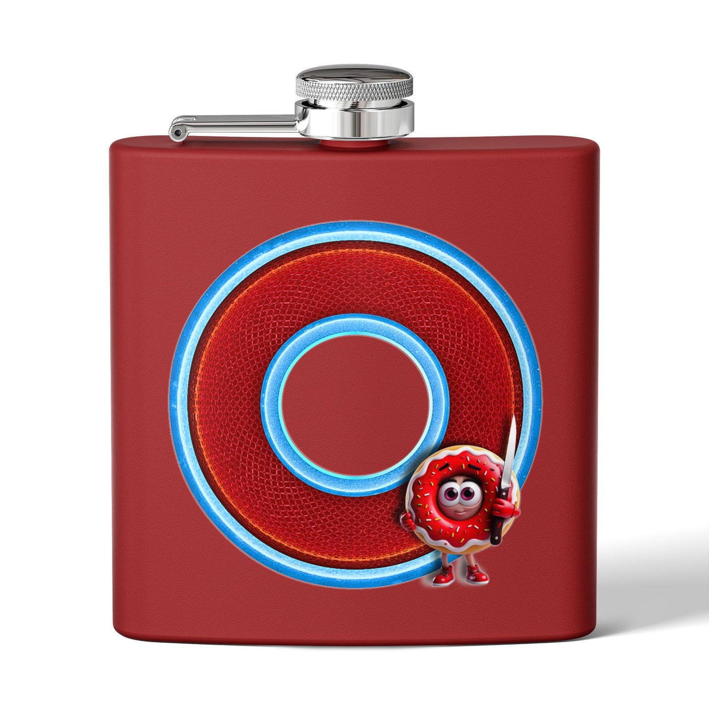 Lump's Donut Flask 6 oz -  "My Phriend, My Phriend the Donut's Flask" - red/light blue rustic donut - [*w/your choice of 6 backgrounds]