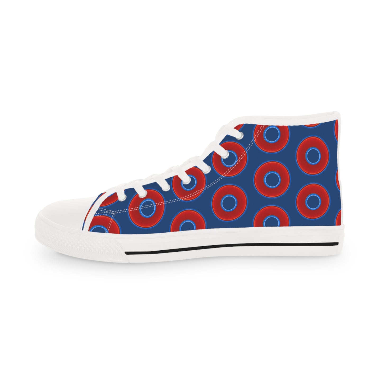 Men's High Top Chucks - large vivid red donut print w/Atlantic navy blue background