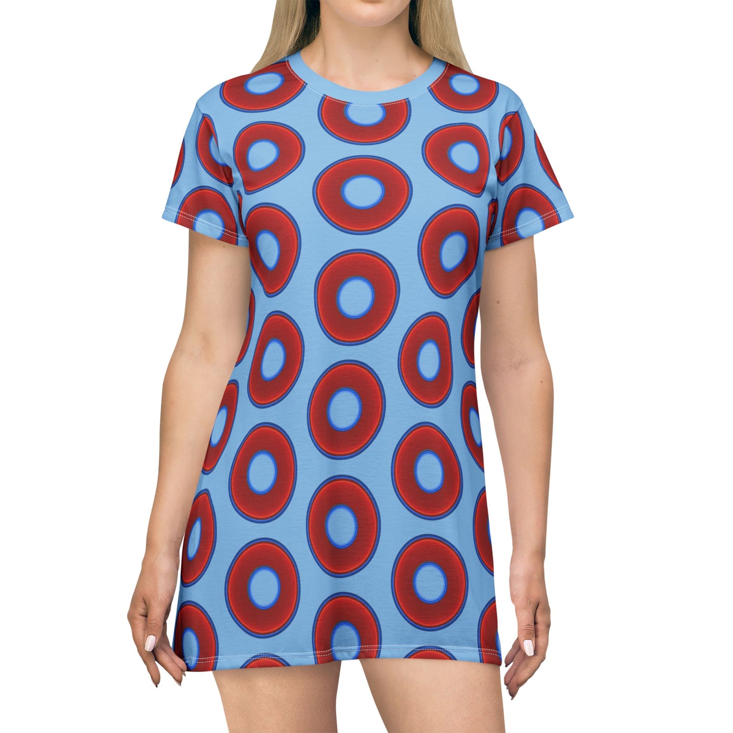 Not a Muumuu AOP Tee Shirt Dress - red vivid donuts w/sky blue background