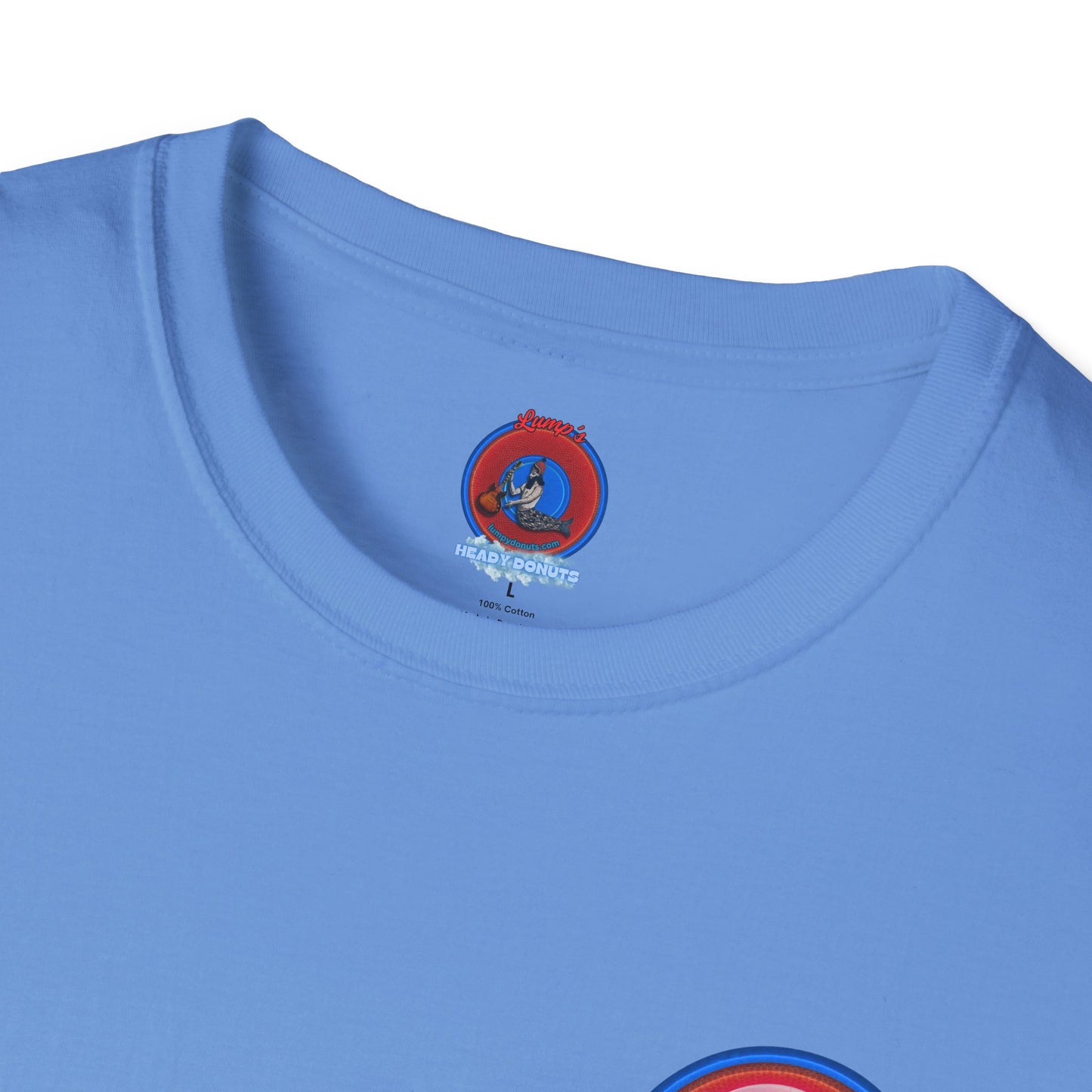 Classic Donut Tee - Unisex Soft-Style - "Donuts now Served on the Mothership" - red/blue donut