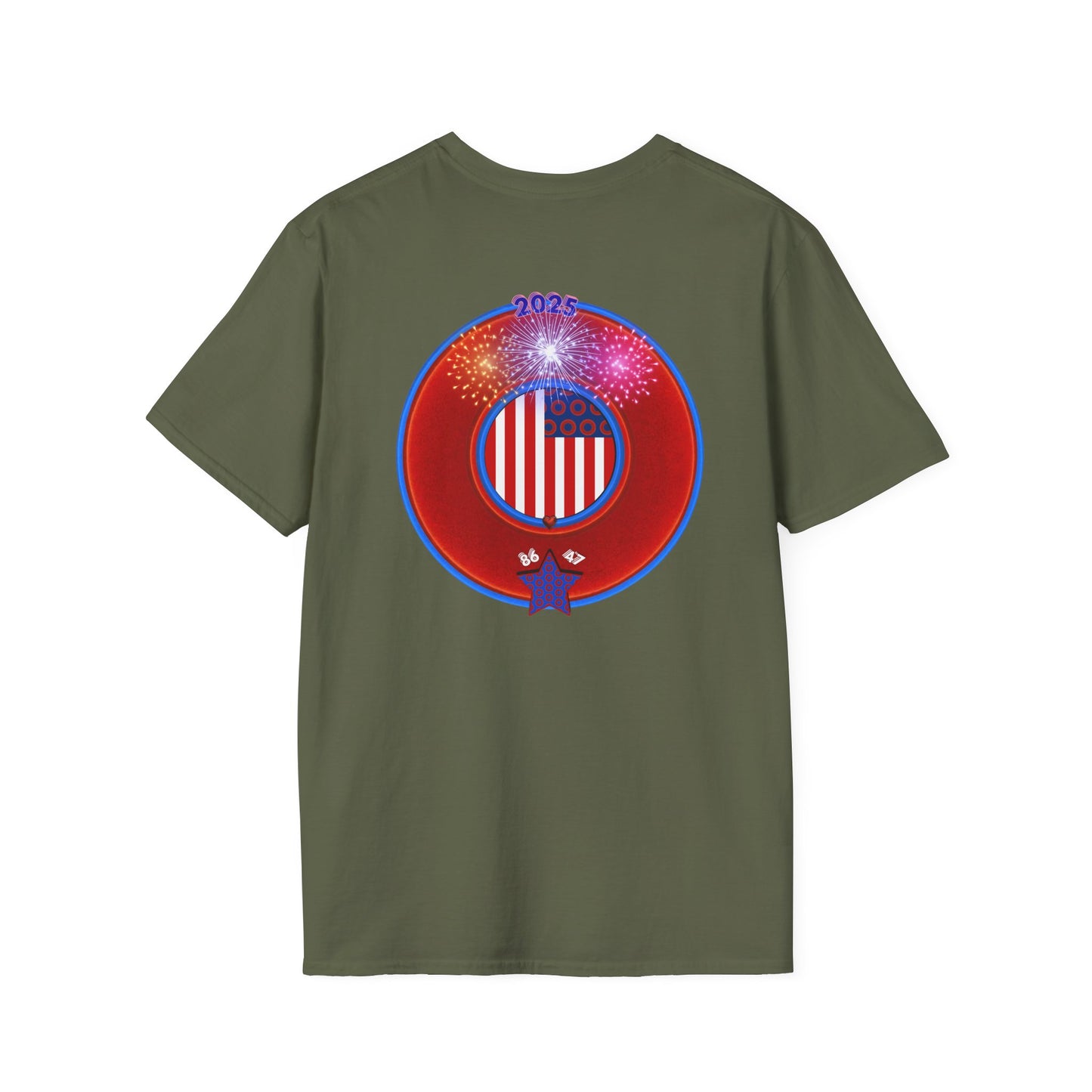 Classic Donut Tee - Unisex Soft-Style - "One Indivisible Donut" - vivid red phreedom donut - w/fireworks - variant 3