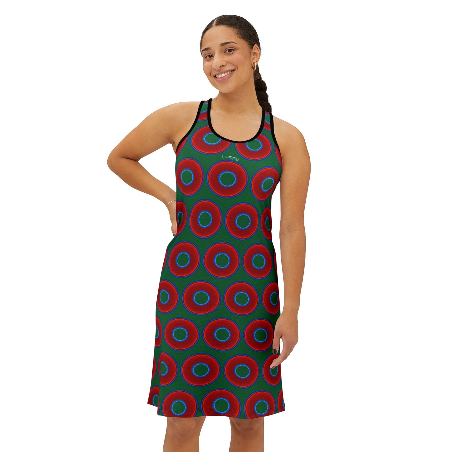 Tela's Lumpy Racerback Donut Dress - red vivid donut print w/green background