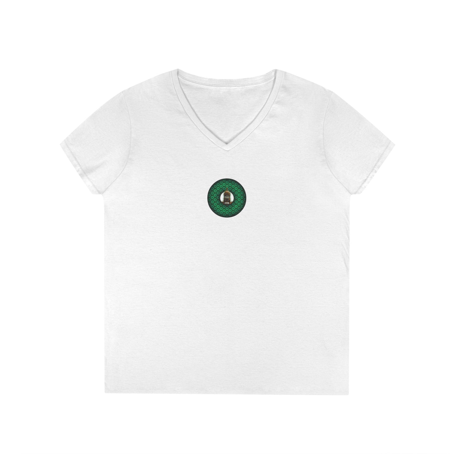 Women's Donut V-Neck Tee - "Save the Mondegreen City Hall Clock Tower" - variant 2 - green/green paradox donut w/