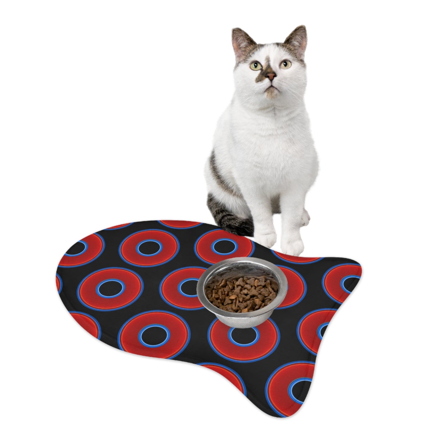 Wendy's Lumpy Pet Feed Mat - vivid red donuts w/black background