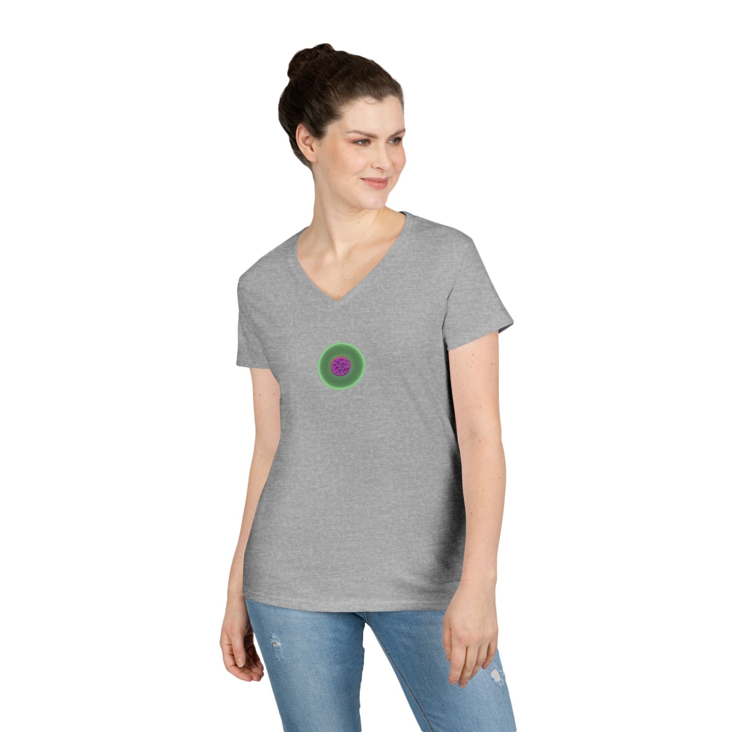 Women's Donut V-Neck Tee - "If I'm Swimming By" - variant 3 - light green/magenta phatty donut w/