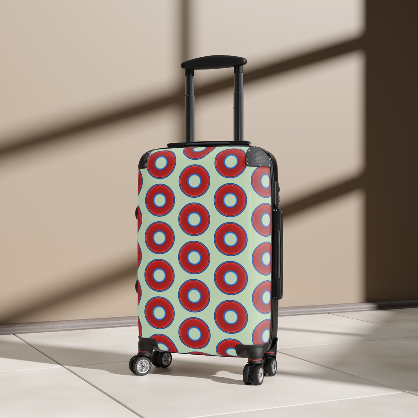 The Very Lumpy Donut Suitcase series - your choice of S, M or L - vivid red donut print w/seafoam background