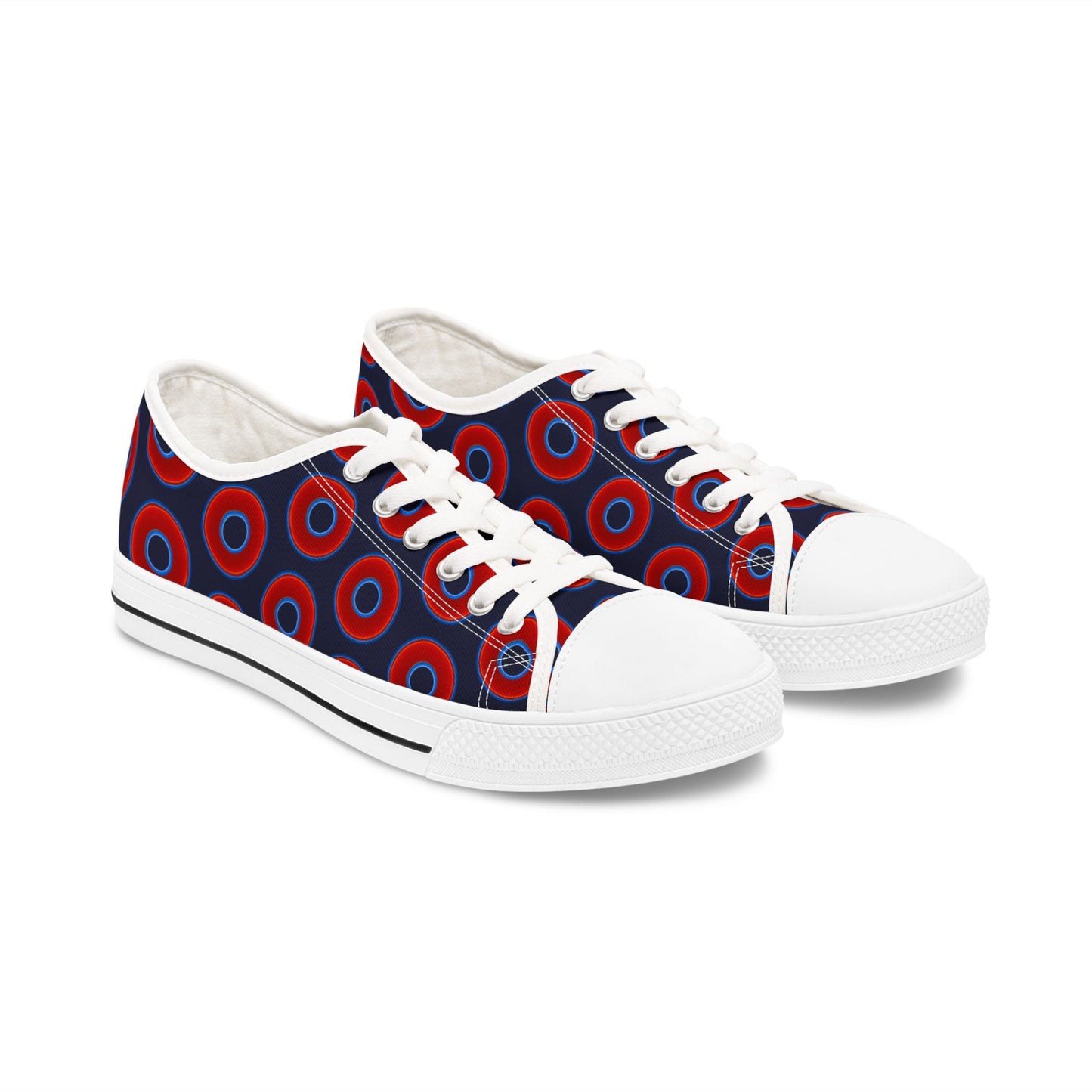 Women's - Low Top Chuck Taylors - large vivid red donut print w/Dark Navy Blue background