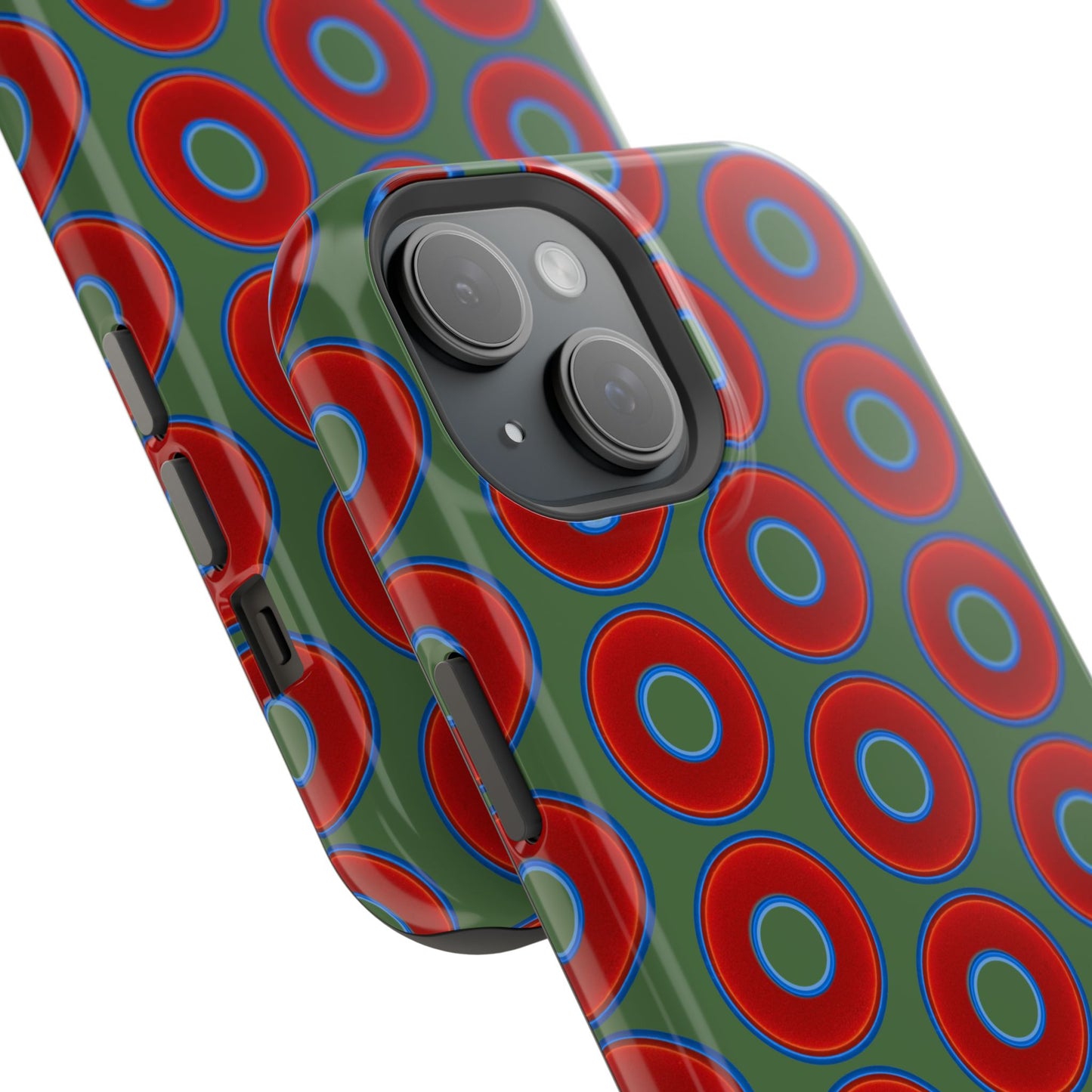 Magnetic Tough Donut Case - red vivid donut print w/dark Fenway green background
