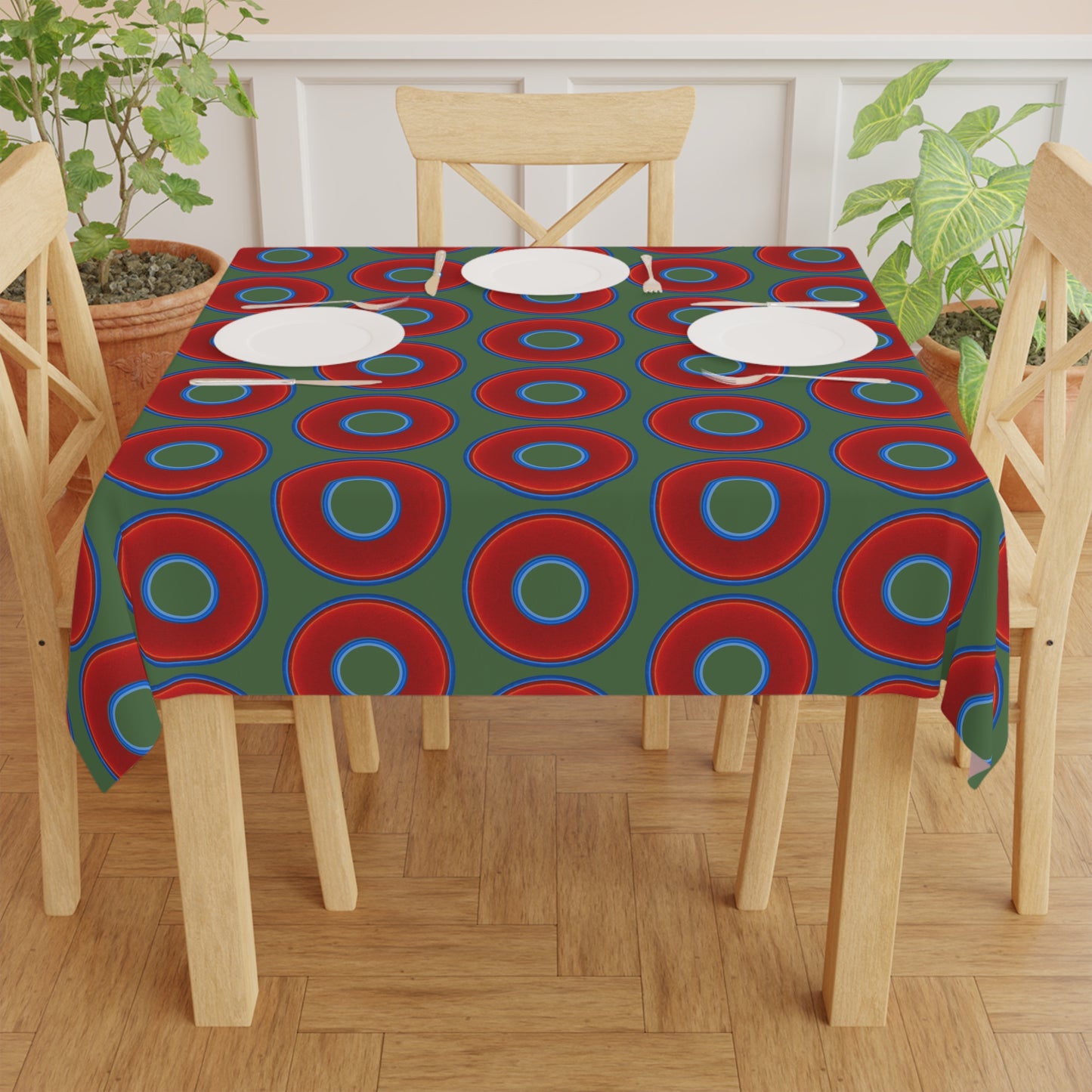 Lumpy Tablecloth - 55.1" x 55.1" - vivid red donuts w/dark green background