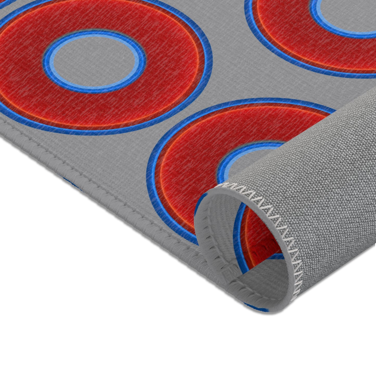 Lumpy Donut Print Rug - choice of 3 sizes - vivid red donut print w/gray background
