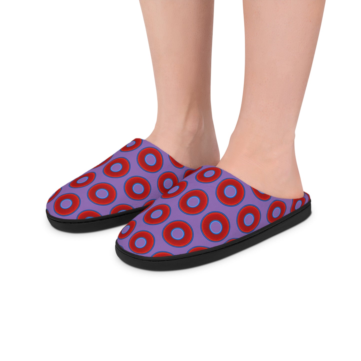 Men's Lumpy Slippers - red vivid donut print w/light purple background
