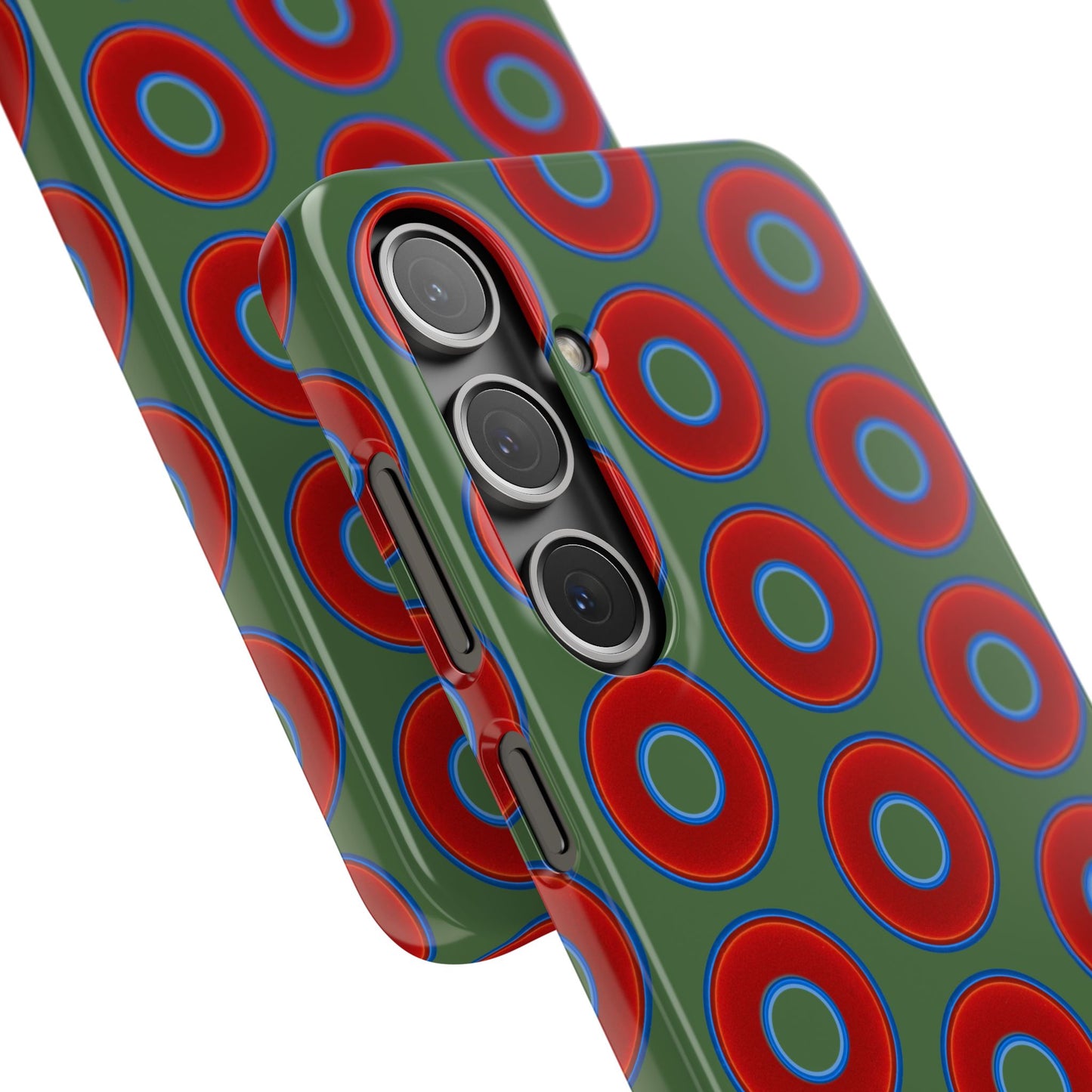 Lumpy Donut Snap Case - red vivid donut print w/dark green background