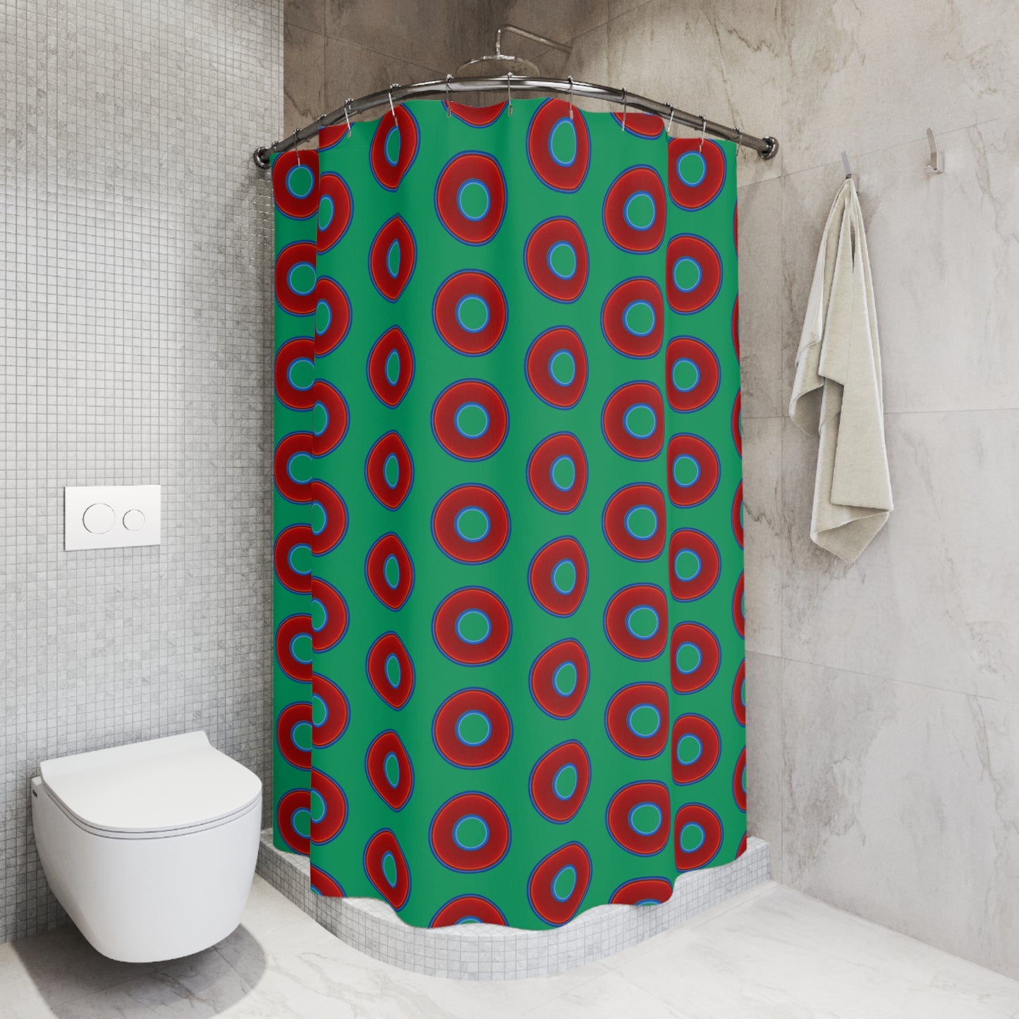 The Curtain With "Donuts" - Lumpy Bath Time Fun - vivid red donuts w/jade green background