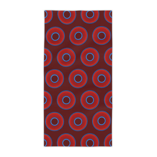 Lumpy Donut Towels - vivid red donuts w/dark red background