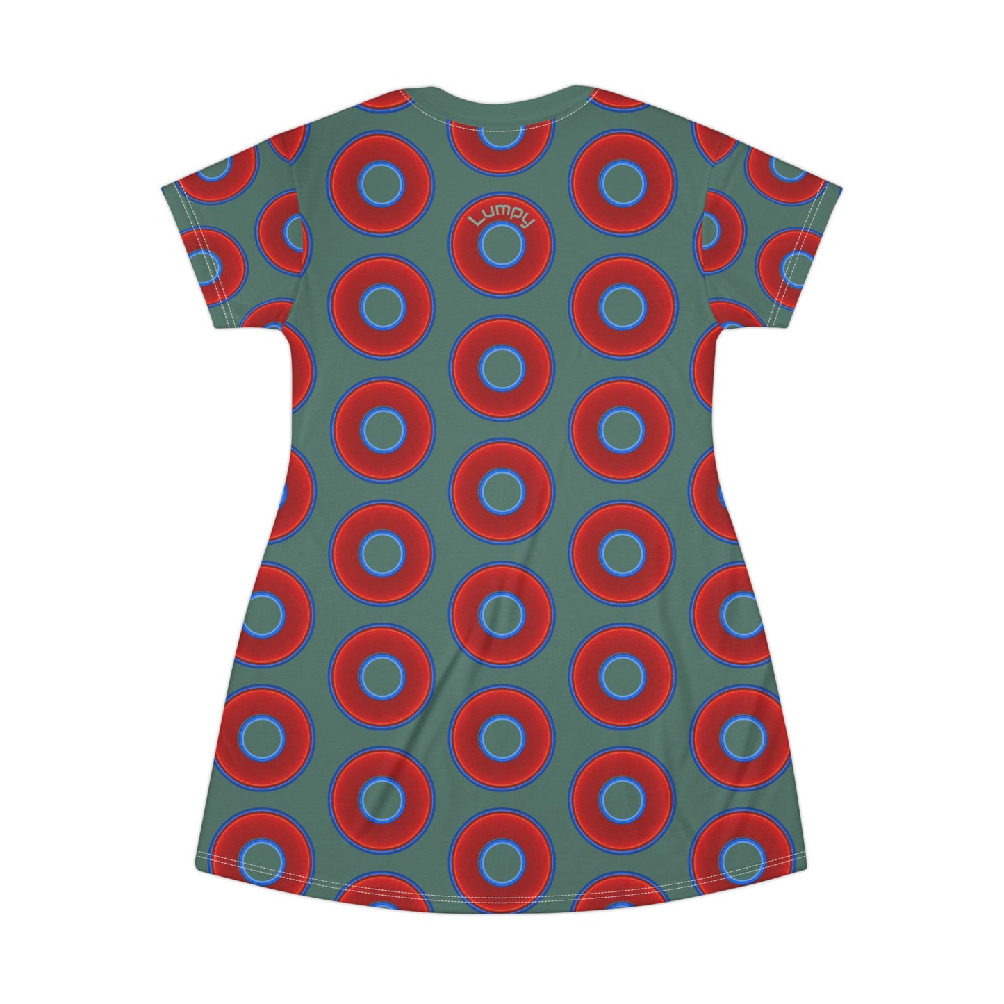 Not a Muumuu AOP Tee Shirt Dress - red vivid donuts w/light Fenway green background