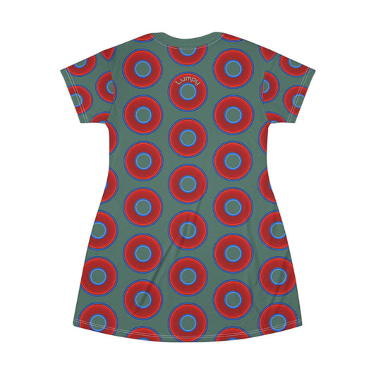 Not a Muumuu AOP Tee Shirt Dress - red vivid donuts w/light Fenway green background
