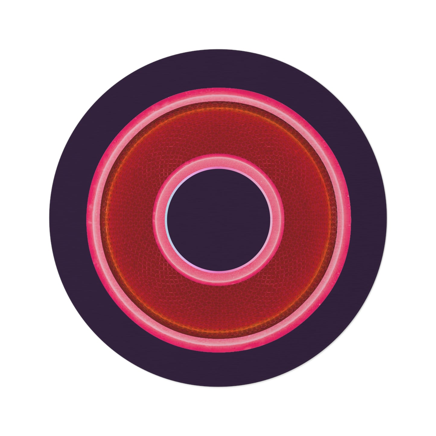 Round Room - 5 ft x 5 ft Lumpy Donut Rug - "Plain Donut" - rustic red/pink donut w/midnight purple background
