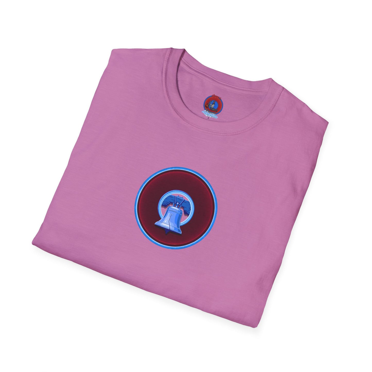 Classic Donut Tee - Unisex Soft-Style - "Brotherly Donuts Jawn" - vivid dark purple-red/light blue donut