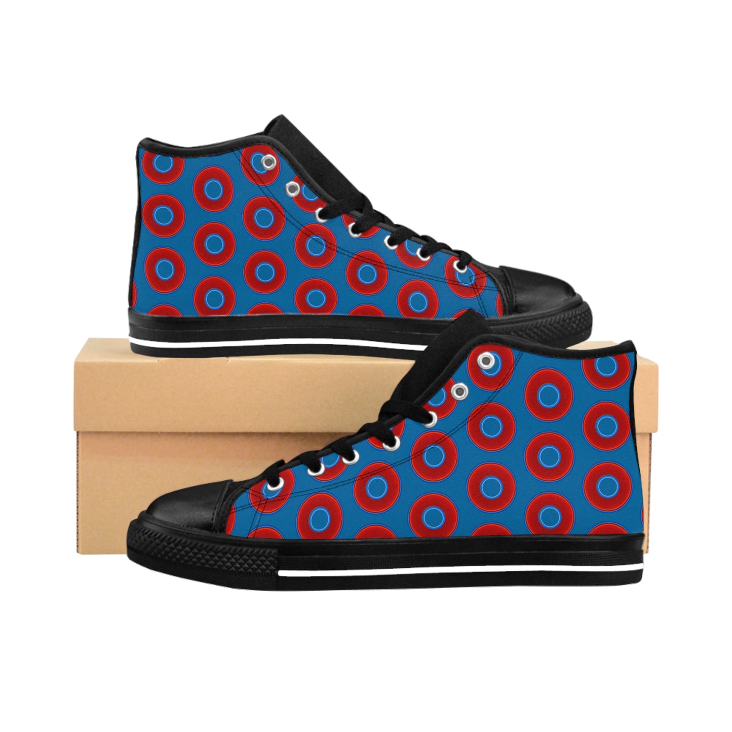 Men's Cushiony Convectors - High Tops - red vivid donuts w/wavy navy blue background