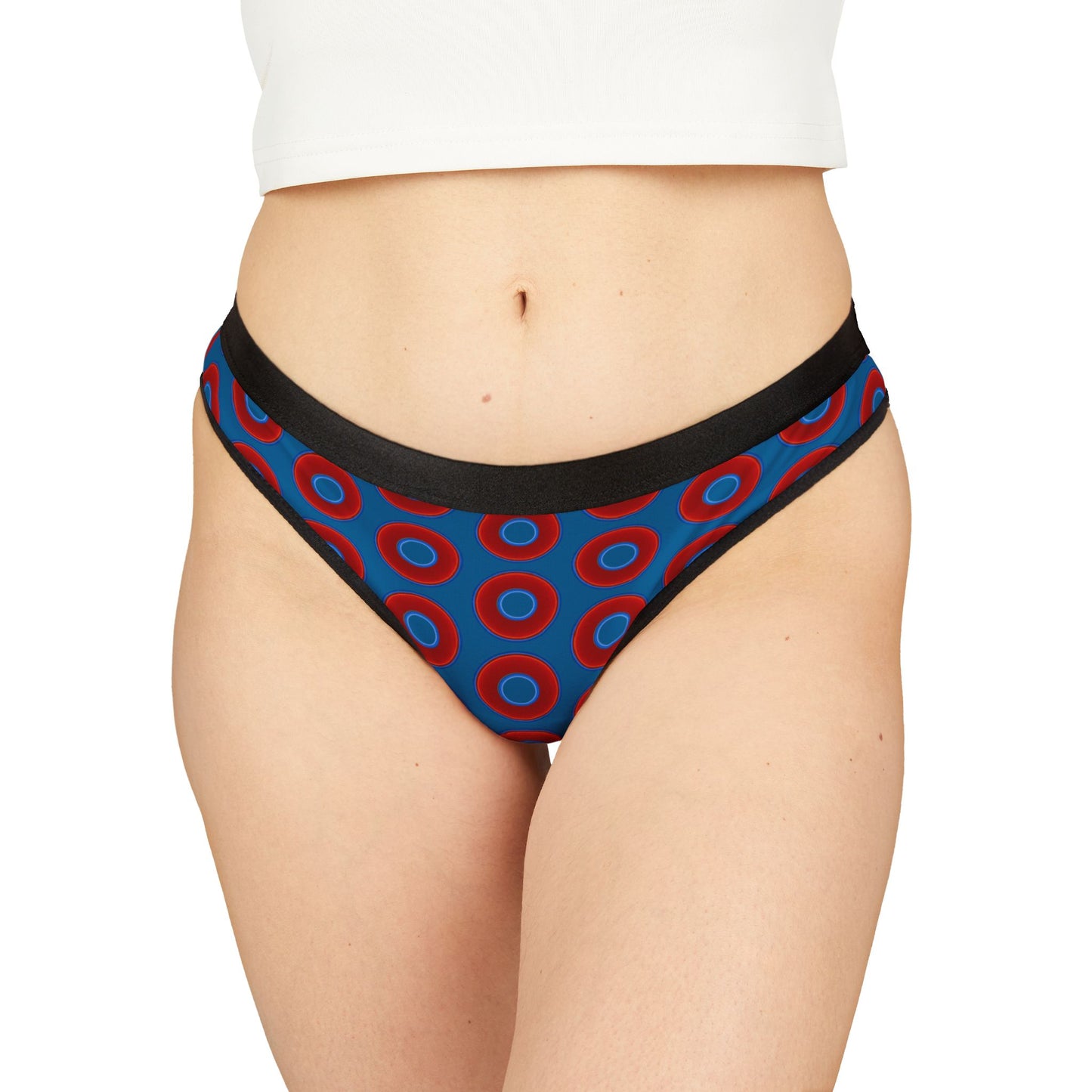 Lumpy Donut Thongs - red vivid donut print w/wavy navy blue background
