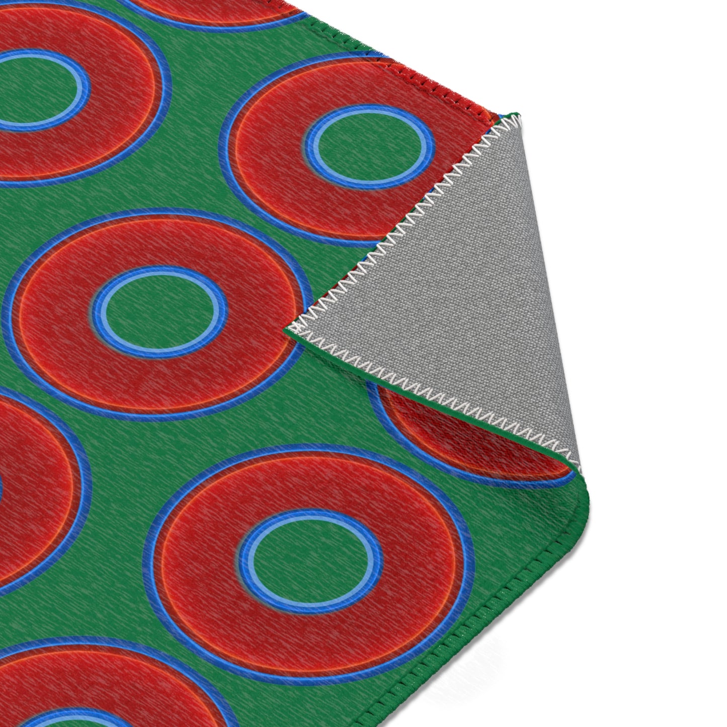 Lumpy Donut Print Rug - choice of 3 sizes - vivid red donut print w/green background