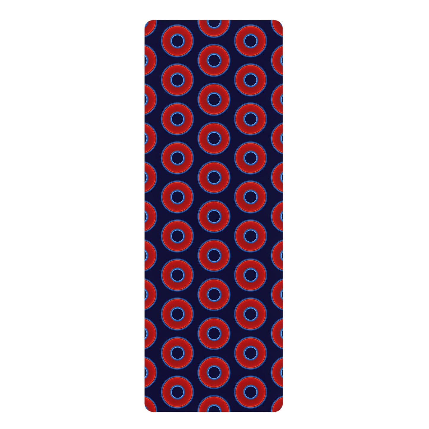 Lumpy Donut Yoga Mat :) - 24″ x 70" - vivid red donut print w/midnight blue background