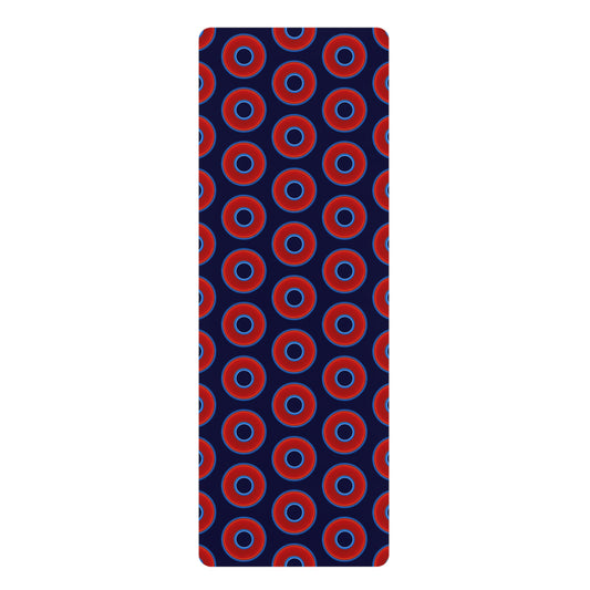 Lumpy Donut Yoga Mat :) - 24″ x 70" - vivid red donut print w/midnight blue background