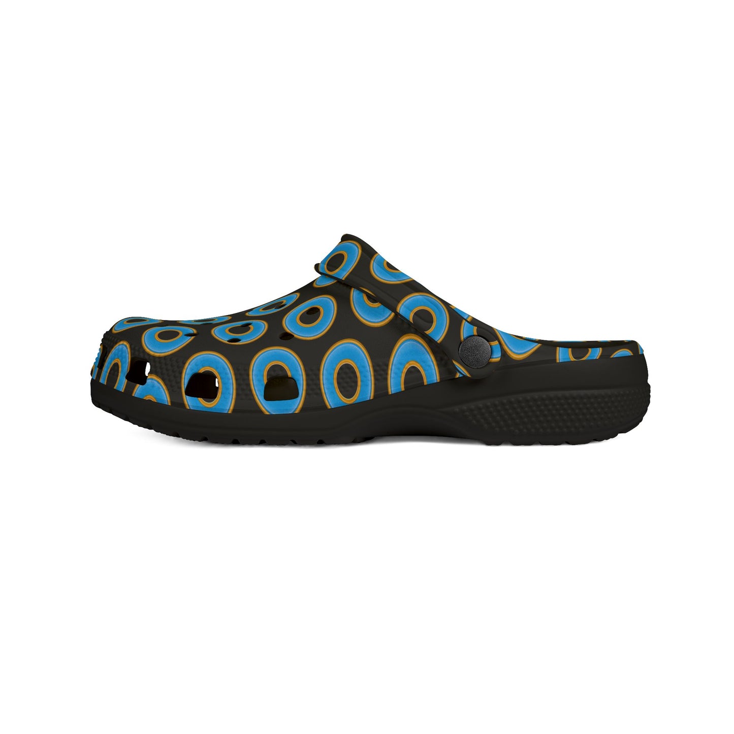 Spatchcocks - donut slip-on shoes - light blue rustic donuts w/black background [unisex]