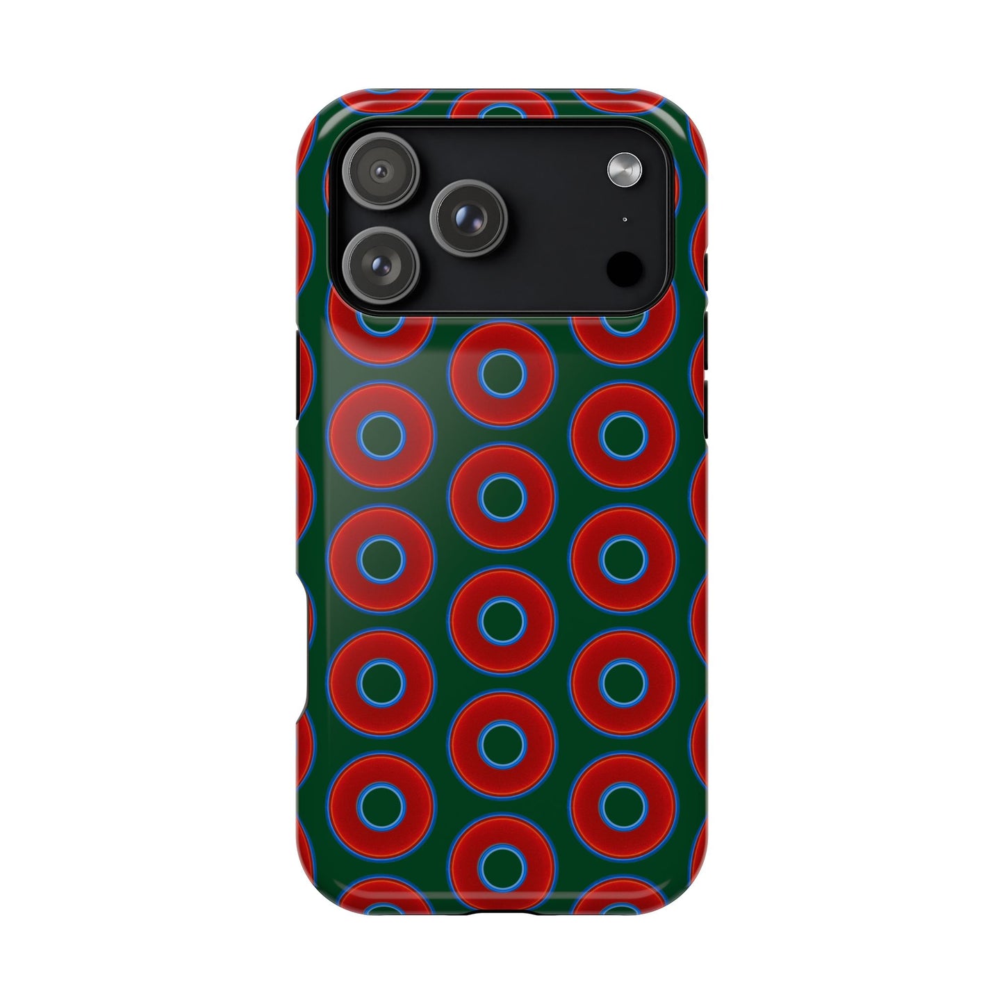 Impact-Resistant Lumpy Donut Case - red vivid donut print w/dark pond green background