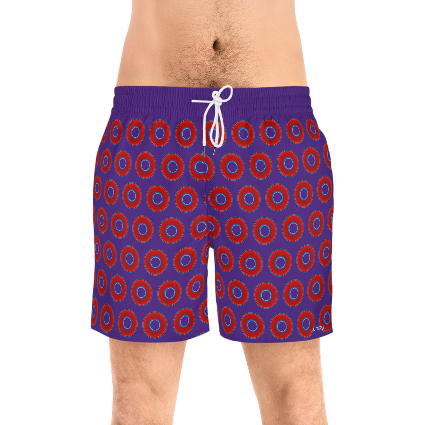 Men's Lumpy Swim Trunks - vivid red donut print w/purple background