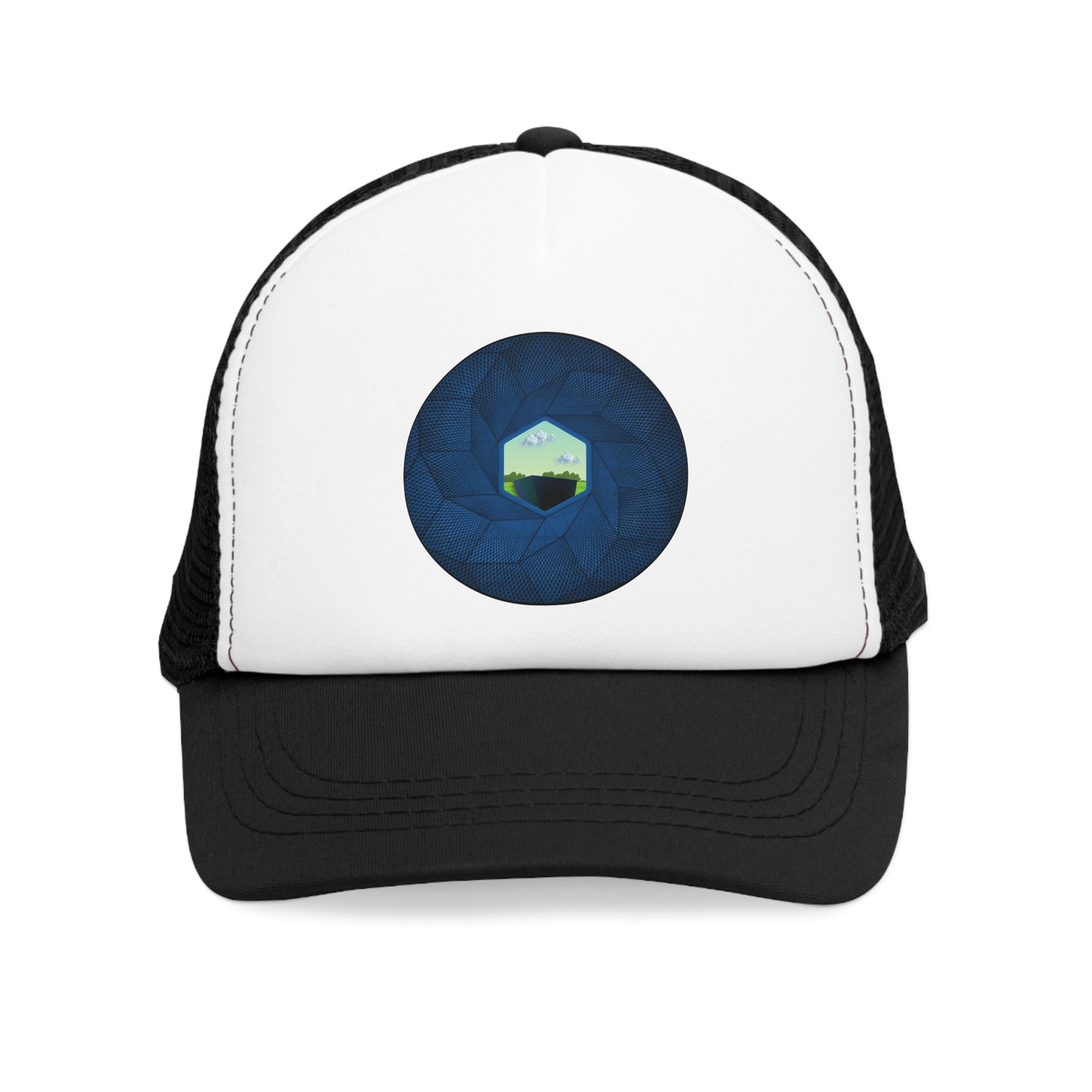 Lumpy Trucker Hat - "Rhombus Cubed? Mind Blown!" - blue cubed donut