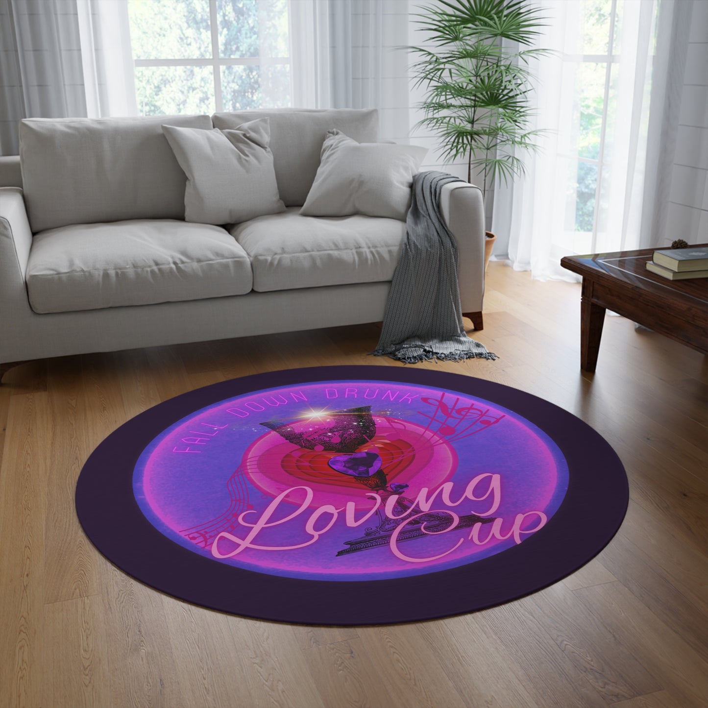 Round Room - 5 ft x 5 ft Lumpy Donut Rug - "The Loving Donut Rug" - vivid magenta donut w/midnight purple background [*Charitable Donut]